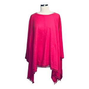 CHICO'S 100% CASHMERE HOT PINK PONCHO SHAWL WITH POM POMS GORGEOUS SIZE L/XL